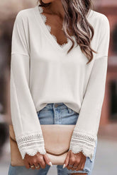 Lace Detail V-Neck Long Sleeve T-Shirt OutfitFlow
